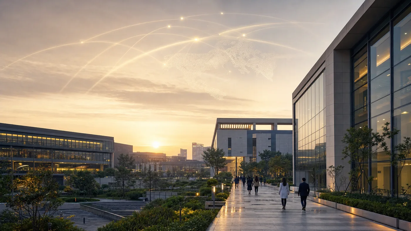 Global medicine knowledge network launch gate at a contemporary research campus